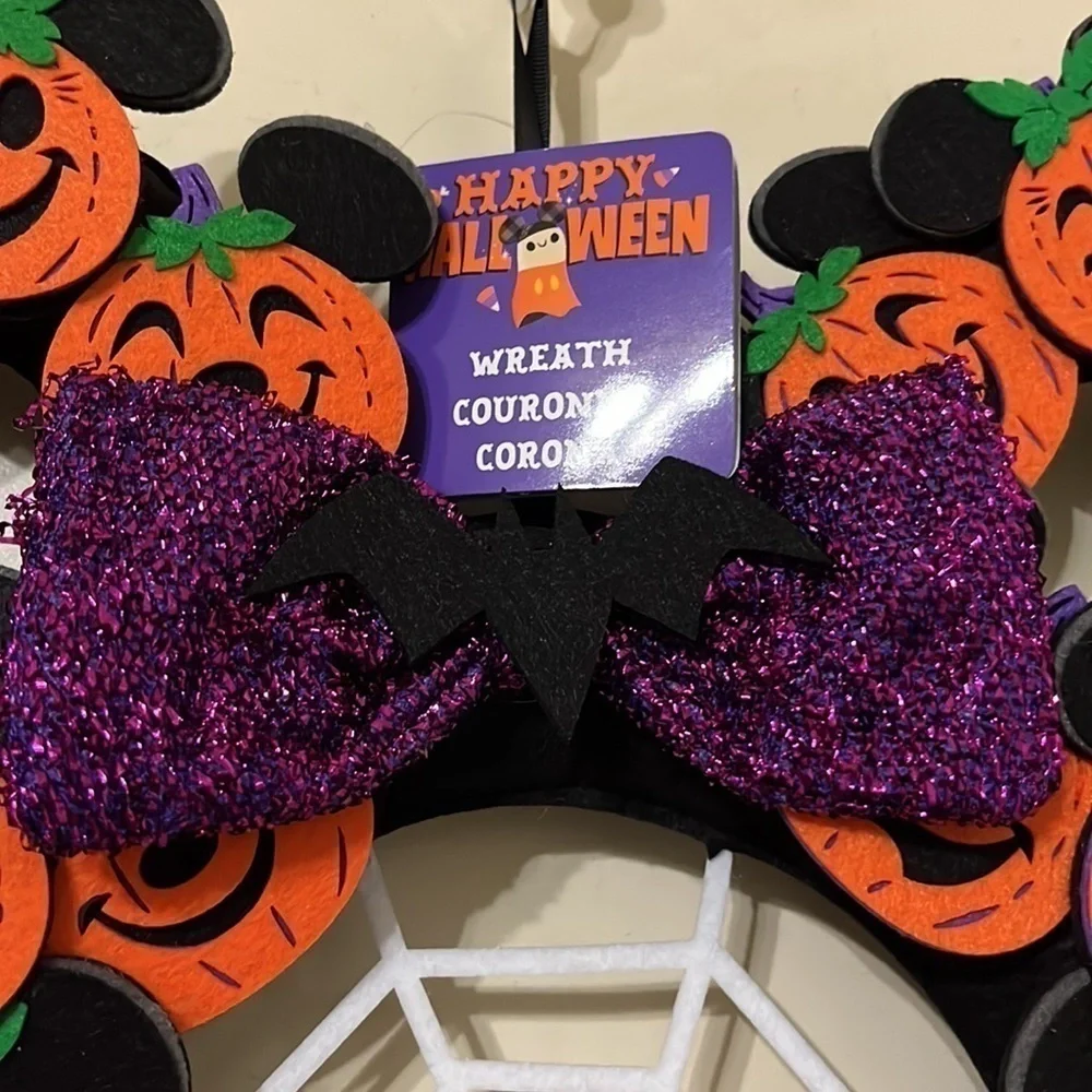 NWT Disney Mickey Mouse Halloween Pumpkin Wreath | Spooky Door Decor Purple Bow